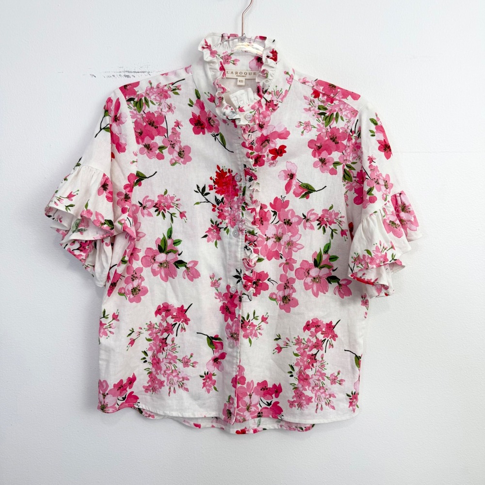 LaRoque Original Floral Ruffle Linen Blend Blouse Women's XS Cottagecore